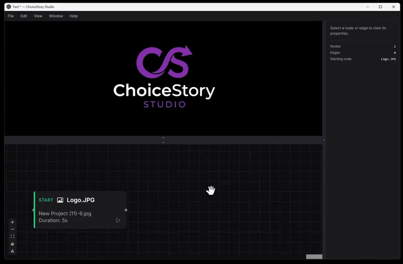 ChoiceStory Studio canvas: a video clip node connected to a branching choice screen